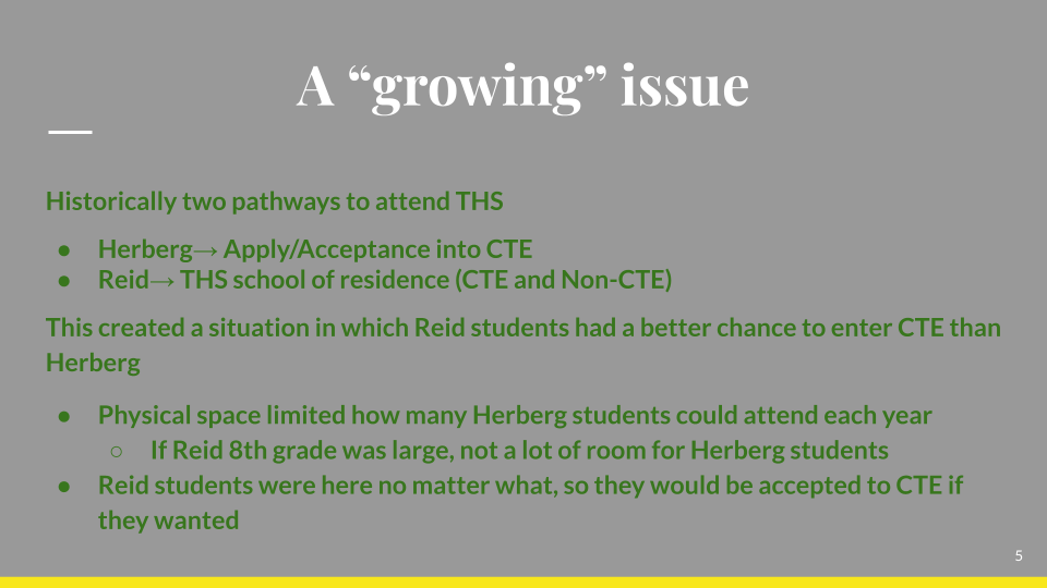 A “growing” issue
Historically two pathways to attend THS
Herberg→ Apply/Acceptance into CTE
Reid→ THS school of residence (CTE and Non-CTE)
This created a situation in which Reid students had a better chance to enter CTE than Herberg
Physical space limited how many Herberg students could attend each year
If Reid 8th grade was large, not a lot of room for Herberg students
Reid students were here no matter what, so they would be accepted to CTE if they wanted