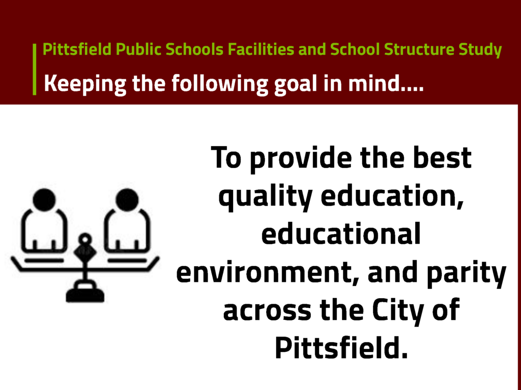Keeping the following goal in mind….
To provide the best
quality education,
educational
environment, and parity
across the City of
Pittsfield